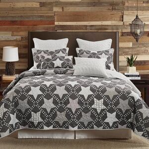 Cottage Country Farmhouse Grey Star Printed Queen Quilt Set Modern Rustic